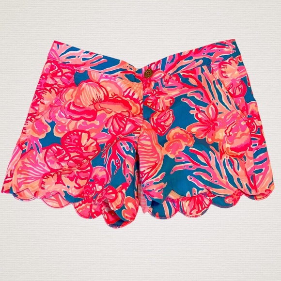 Lilly Pulitzer size 2 buttercup shorts pink floral blue short scalloped - Picture 1 of 7